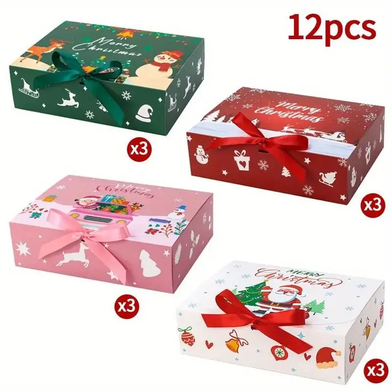 12Pcs Large Christmas Gift Boxes with Lids & Ribbons, Foldable Holiday Present Boxes (10.6"x7.9"x3.1") 4 Assorted Designs for Xmas Gifts