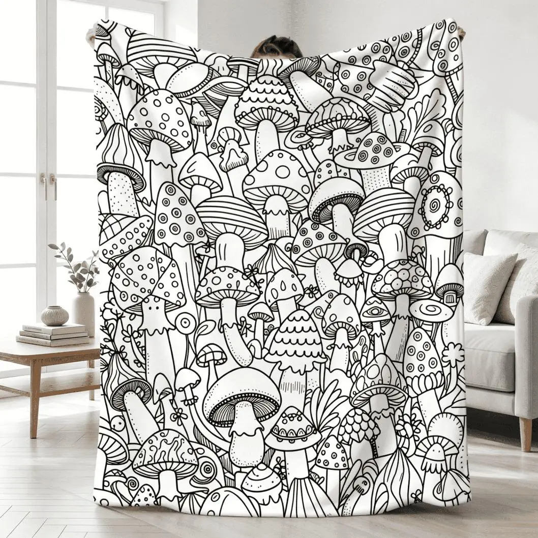 Mushroom Graffiti Coloring Flannel Blanket 2D Flat Soft Plush Throw All Season Cozy Fluffy Artsy Dorm Bedding Decor Gift Idea Kids And Adults Sofa Bed Room Cover Portable Lightweight Blanket