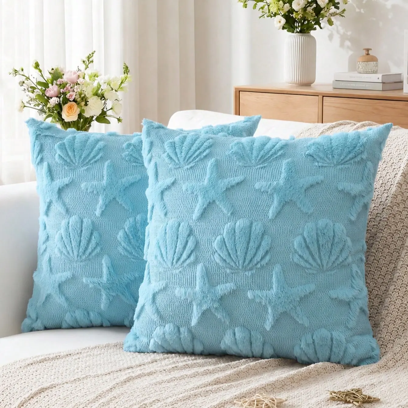 2pc /blue Coquette Shell Plush Pillow Covers, Preppy Beach Room Decor, Starfish Plush Cushion Covers, Mermaid Aesthetic, Ultimate Gift for Girls