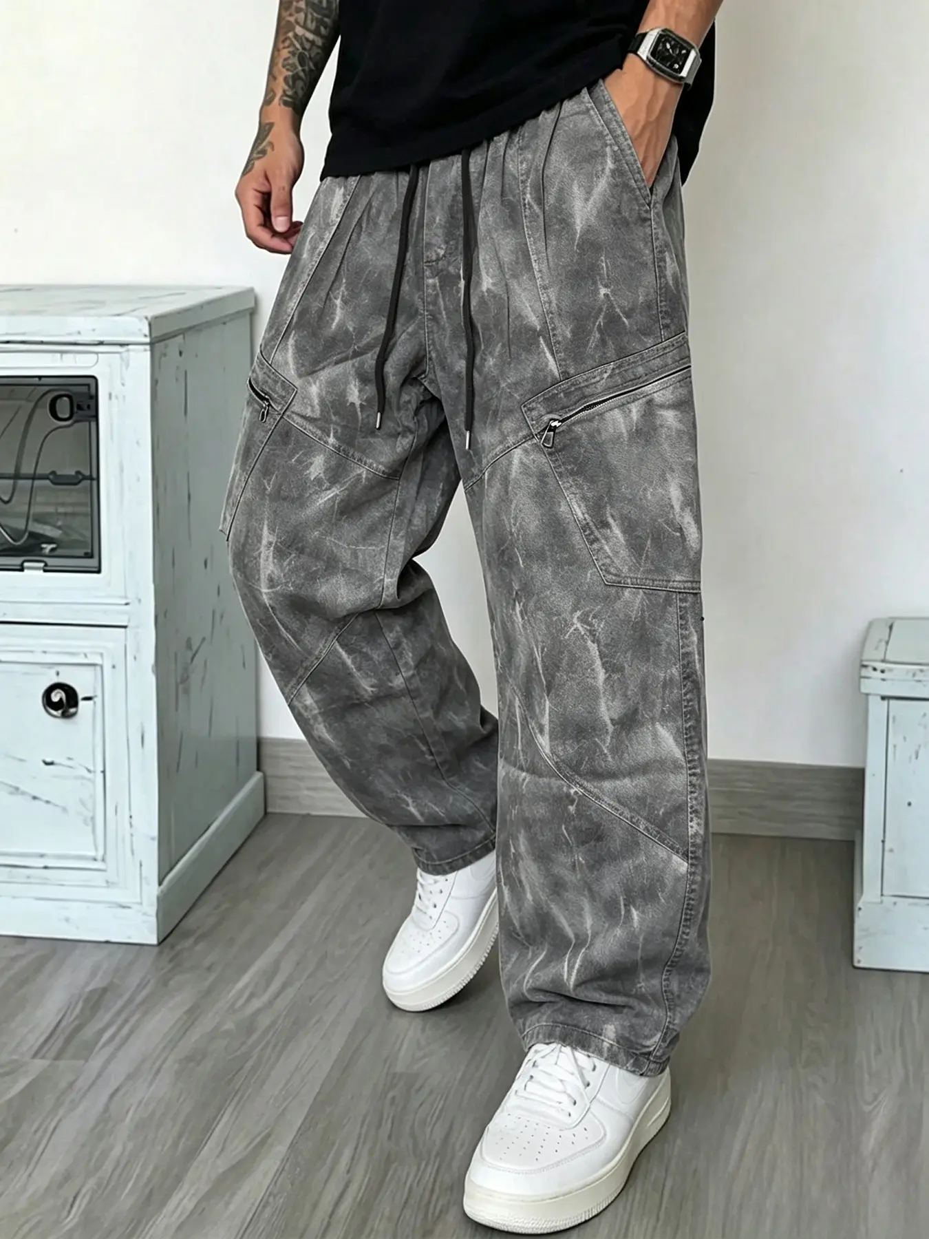 Men's Vintage Stone Wash Work Pants, Drawstring Elastic Waist, Zip Pocket, Wide Leg, Loose Fit, Street Style, Long Pants