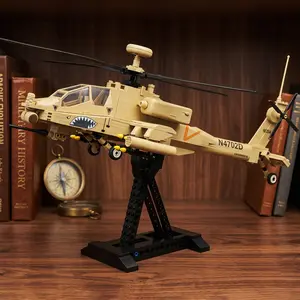 AH-64 Apache Attack Helicopter Building Blocks Model Kit with Display Stand. Desert Camo Military Gunship Construction Toy. Hardcore Aviation Collectible Desk Decor. Perfect Halloween Thanksgiving Christmas Holiday Gift for Adult Boys and Military Fans.