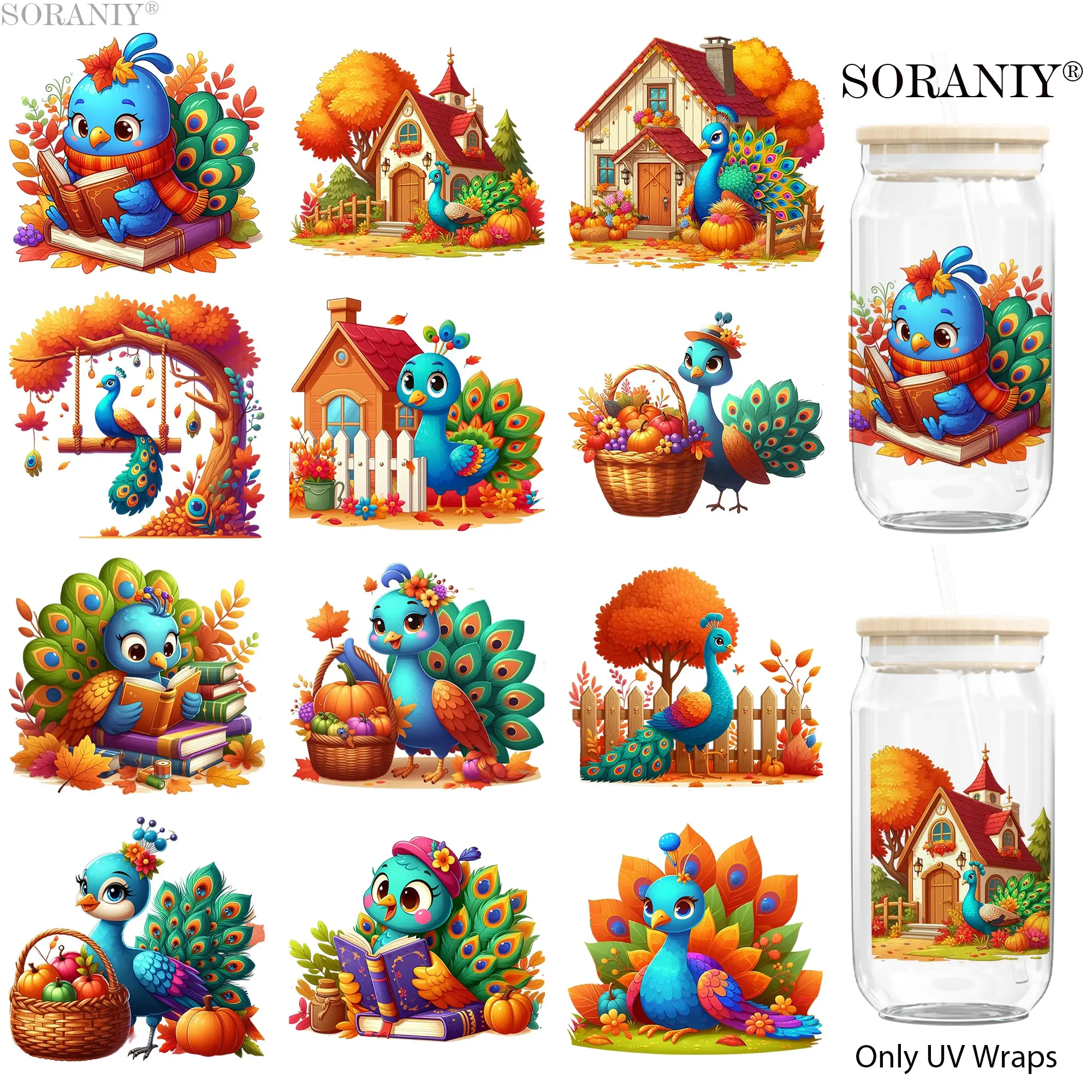 UV DTF Water Cup Sticker Set, 12 Cute Autumn Peacock Theme Waterproof Stickers, DIY Transfer Paper for Cups Bottles Furniture Decor Gifts