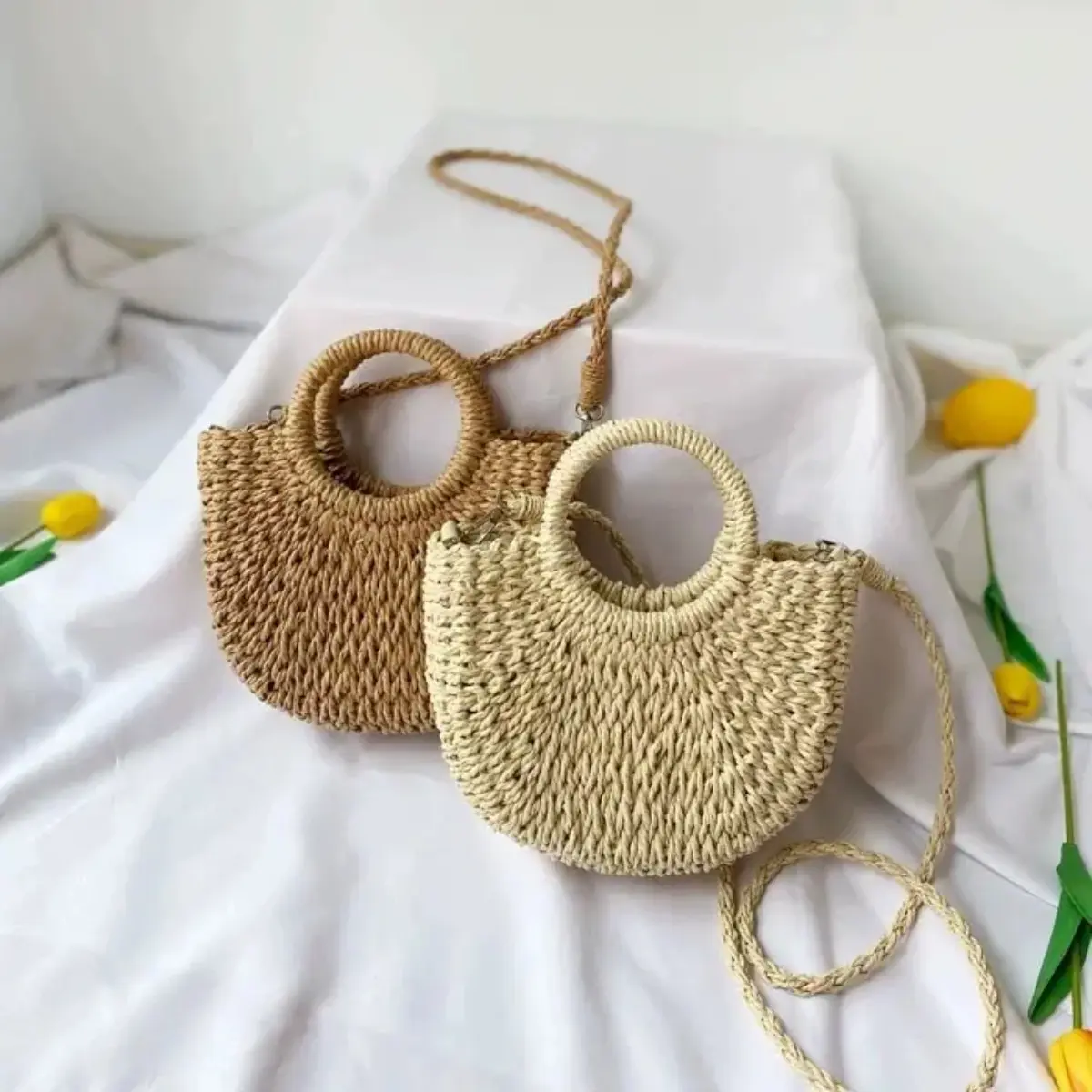 Women's Fashionable Hobo Bag - Handwoven Straw Small Crossbody Bag with Cross-Strap, Artisan Style Beach Handbag, Rattan Summer Purse, Women's Accessories, Handwoven Straw Bag