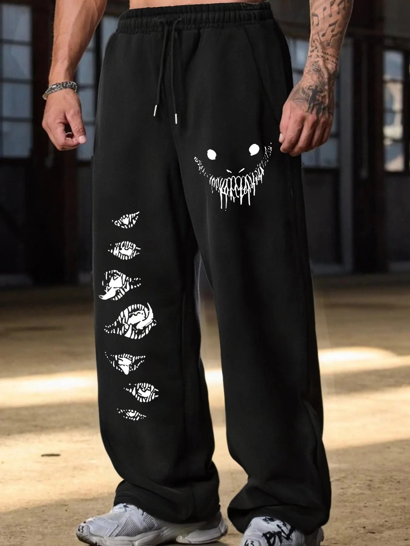Street Style Men's Graphic Sport Pants, Dark Ghost Face Eye Print Straight Leg Trousers, Subculture Horror Graffiti, All Season Wear