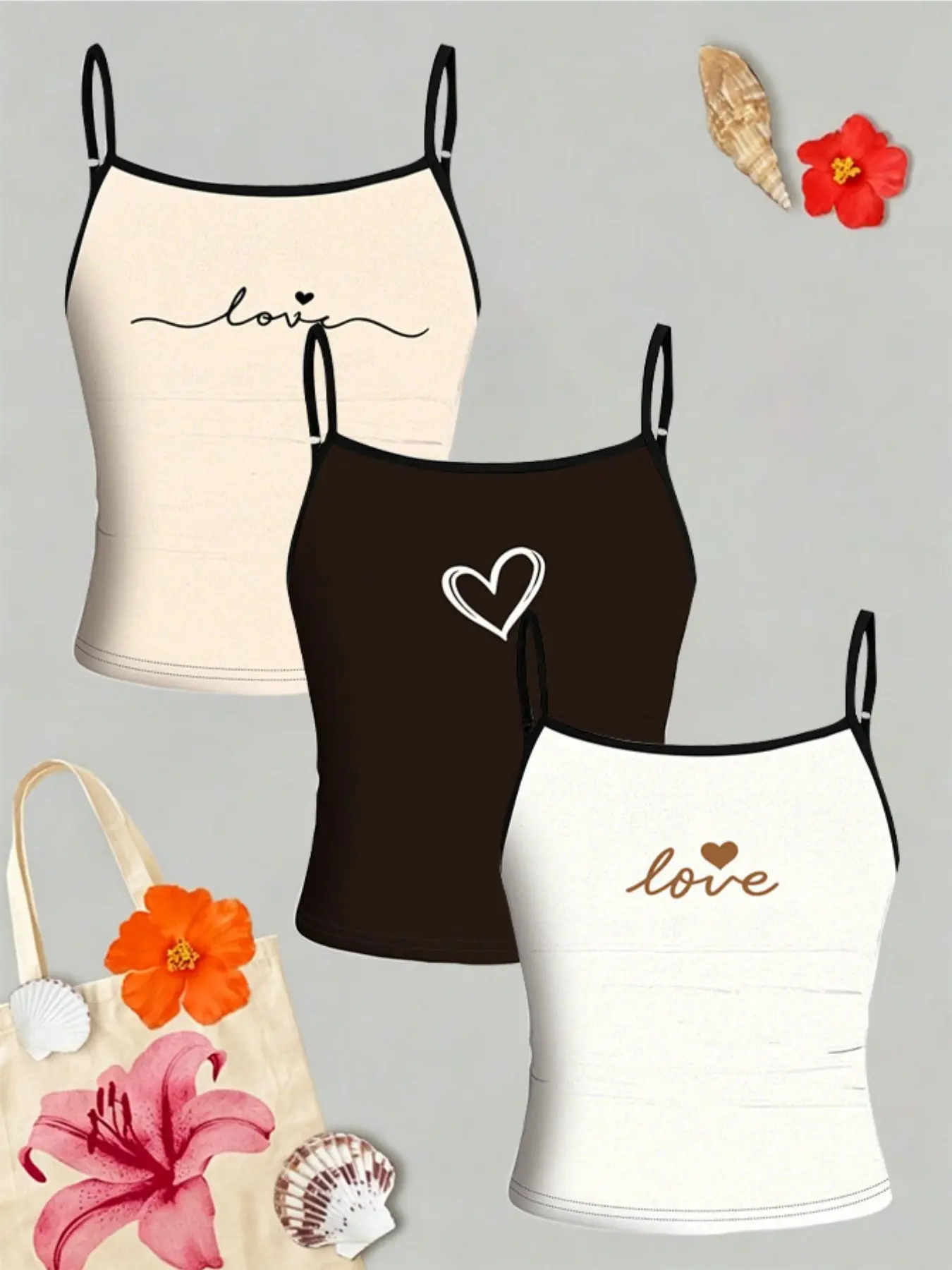3-Pack Girls' Heart Print Tank Tops, Sleeveless, Adjustable Straps, Fitted, Casual Style, All-Season Wear, Machine & Dry Washable, Clothes