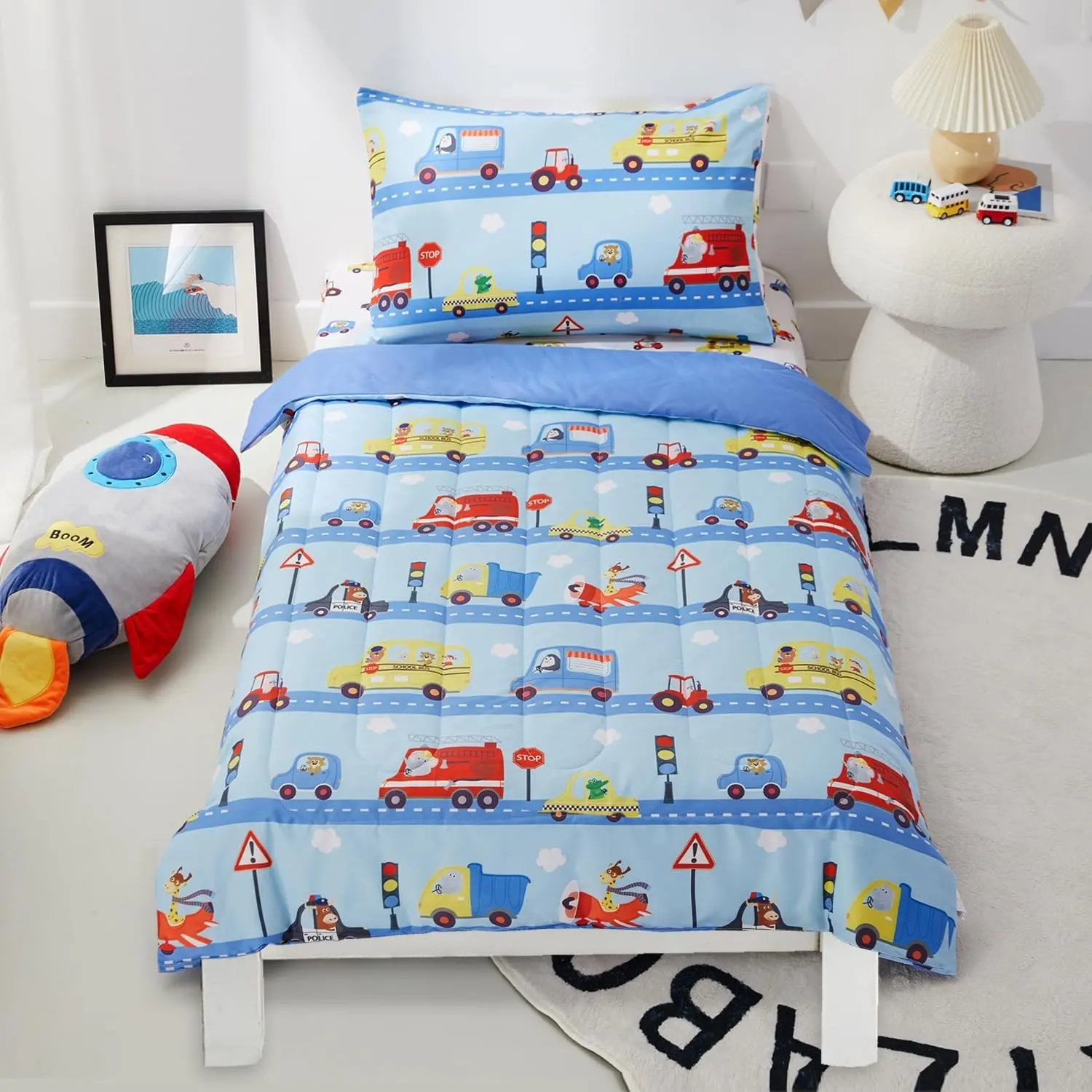 4-Piece Toddler Bedding Set, Includes 1 Flat Sheet, 1 Fitted Sheet, 1 Comforter and 1 Reversible Pillowcase, Standard Toddler Comforter & Sheet Set, Ultra Soft Toddler Bed Set, Cars & Road