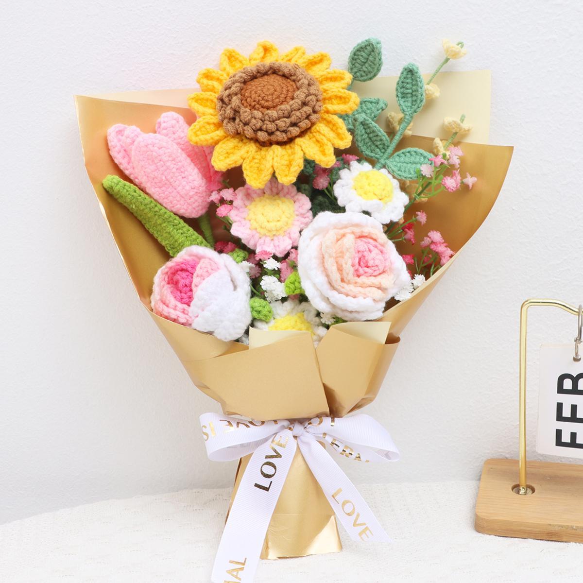 Crochet Sunflower Bouquet, Woven Crochet Bouquet, Handmade Knitting Flower Bouquet, Artificial Flower Bouquet, Home Decor, Gift for Mom, Teacher, Wedding Anniversary Party, Knitted Roses, Fake Bouquets