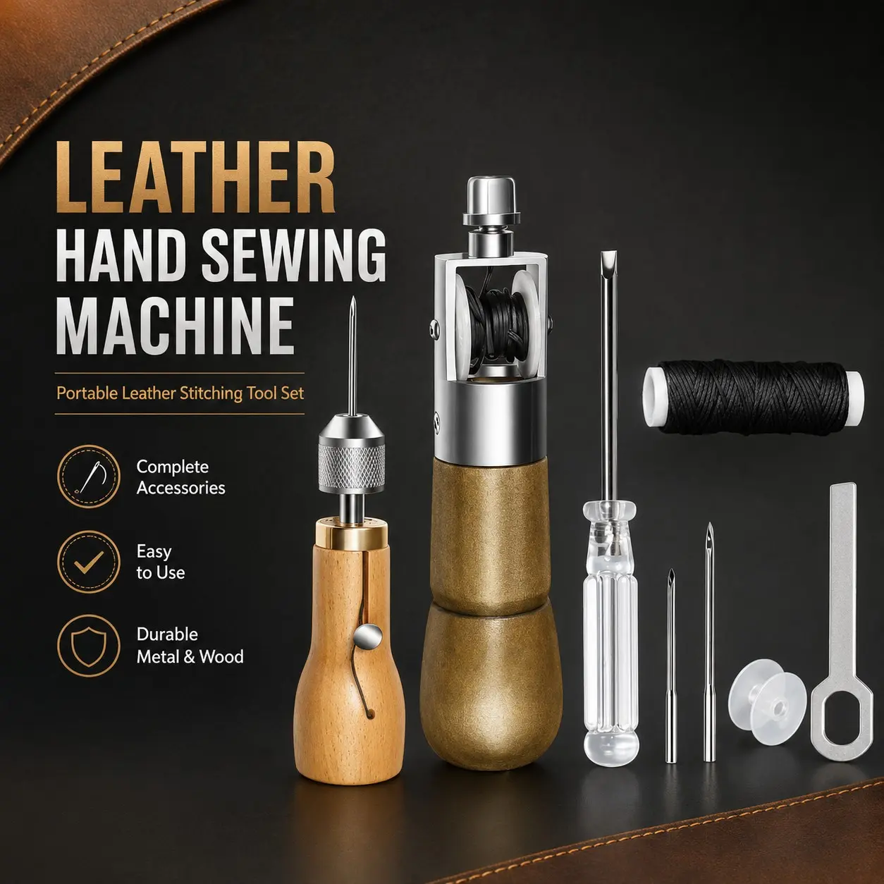 Professional Leather Sewing Awl Kit, Heavy Duty Hand Stitcher with Waxed Thread & Assorted Needles, Lockstitch Tool for Leathercraft, Canvas, Shoe & Upholstery Repair