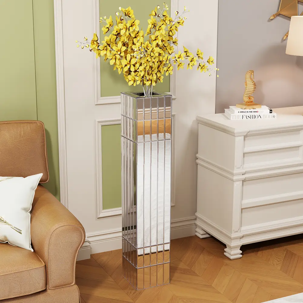 36 Inch Tall Mirrored Floor Vase, Silver Glass Decorative Vase for Living Room, Entryway, Bedroom and Office Decor, Large Modern Vase for Dried Flowers and Artificial Branches