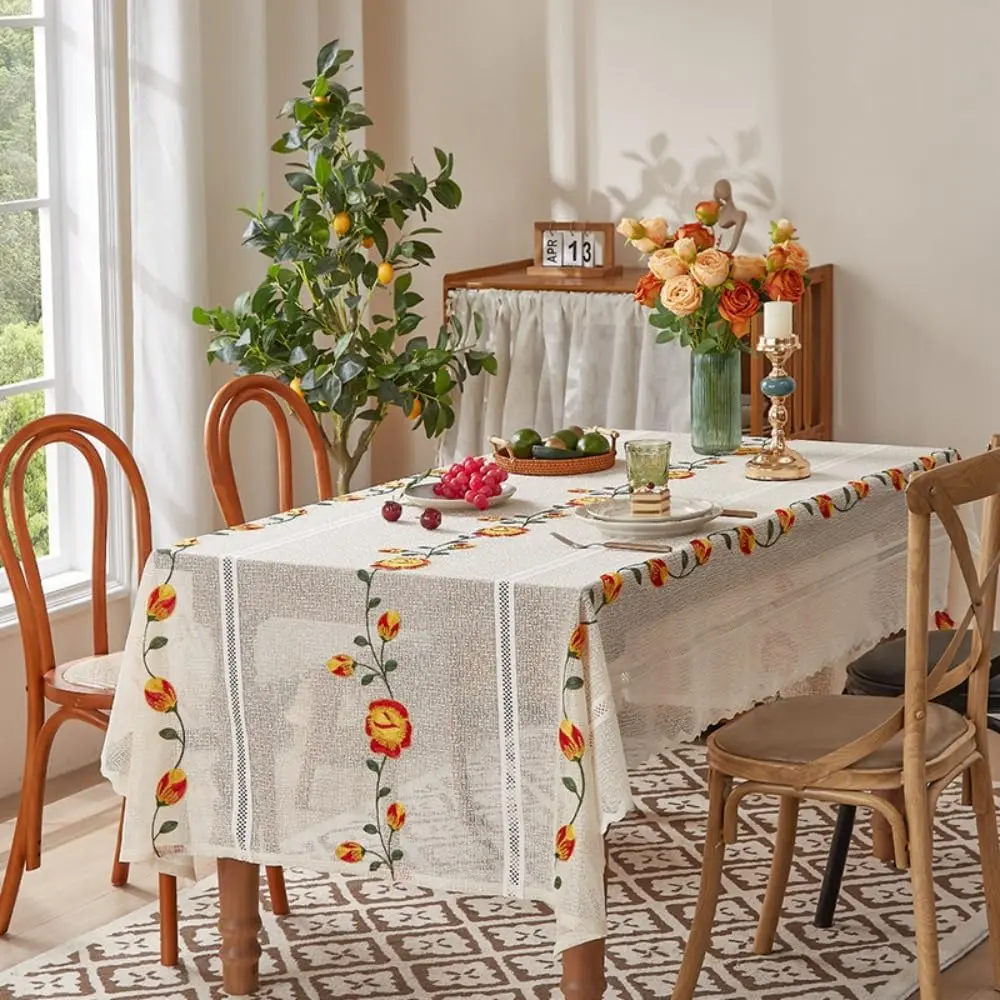 Floral Embroidery Lace Tablecloth - Square Vintage Indoor Table Cover for Dining Room, Wedding, Home Decor (140*240cm-Style 7)