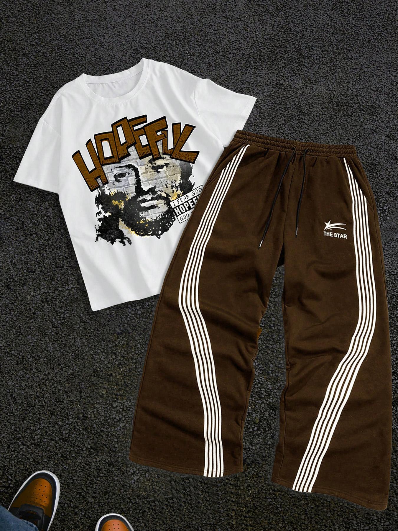 Men's Letter Print Short Sleeve Graphic Tee & Side Stripe Drawstring Waist Pants Two-piece Set, Regular Fit Round Neck T-shirt & Pocket Trousers, Casual Fashion Cozy Breathable Men Outfits for Spring & Fall