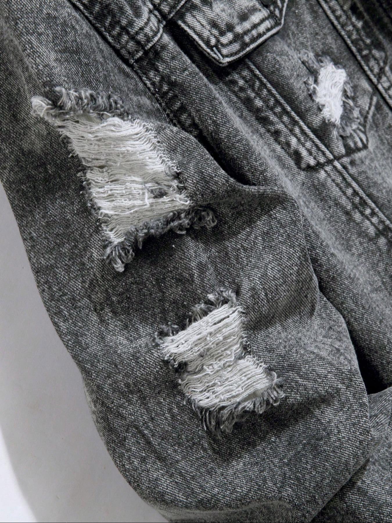 Men's Distressed Ripped Long Sleeve Lightweight Denim Jacket, Regular Fit Street Fashion Casual Comfy Button Front Multi-pocket Collared Outerwear for Daily Wear, Menswear for All Seasons