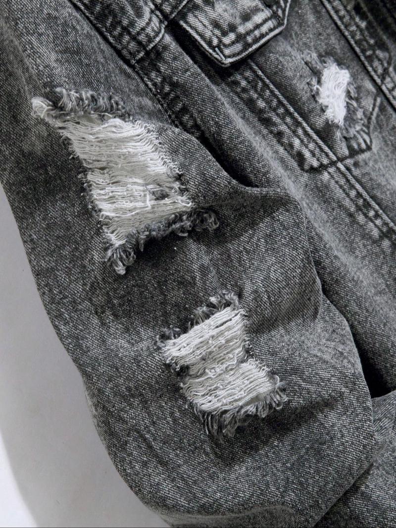 Men's Distressed Ripped Long Sleeve Lightweight Denim Jacket, Regular Fit Street Fashion Casual Comfy Button Front Multi-pocket Collared Outerwear for Daily Wear, Menswear for All Seasons