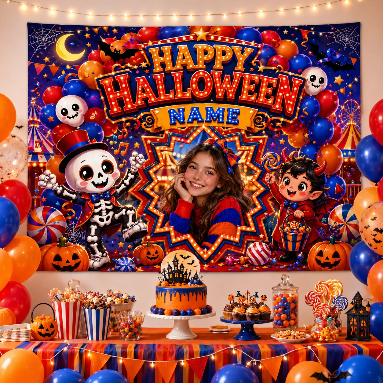 Personalized Halloween Birthday Backdrop with Custom Photo & Name, Orange Blue Carnival Cute Spooky Character Party Banner, Kids Photo Booth Decorations