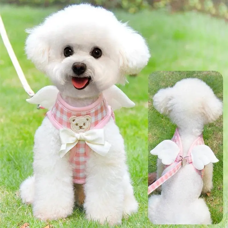 Dog Harness + Leash Set, Satin Angel Wings & Bow Adjustable Straps Escape-Proof Mesh Vest Harness for Small-Medium Dogs & Daily Walks