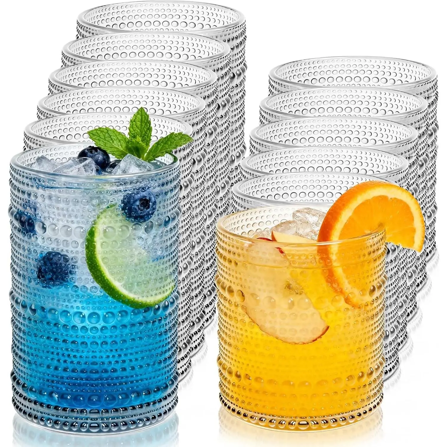 Vintage Hobnail Clear Drinking Glasses Set of 12, 12 Oz Highball Glasses & 10 Oz Cocktail Glasses, Kitchen Glassware for Whiskey, Beer, Juice, Water, Milk