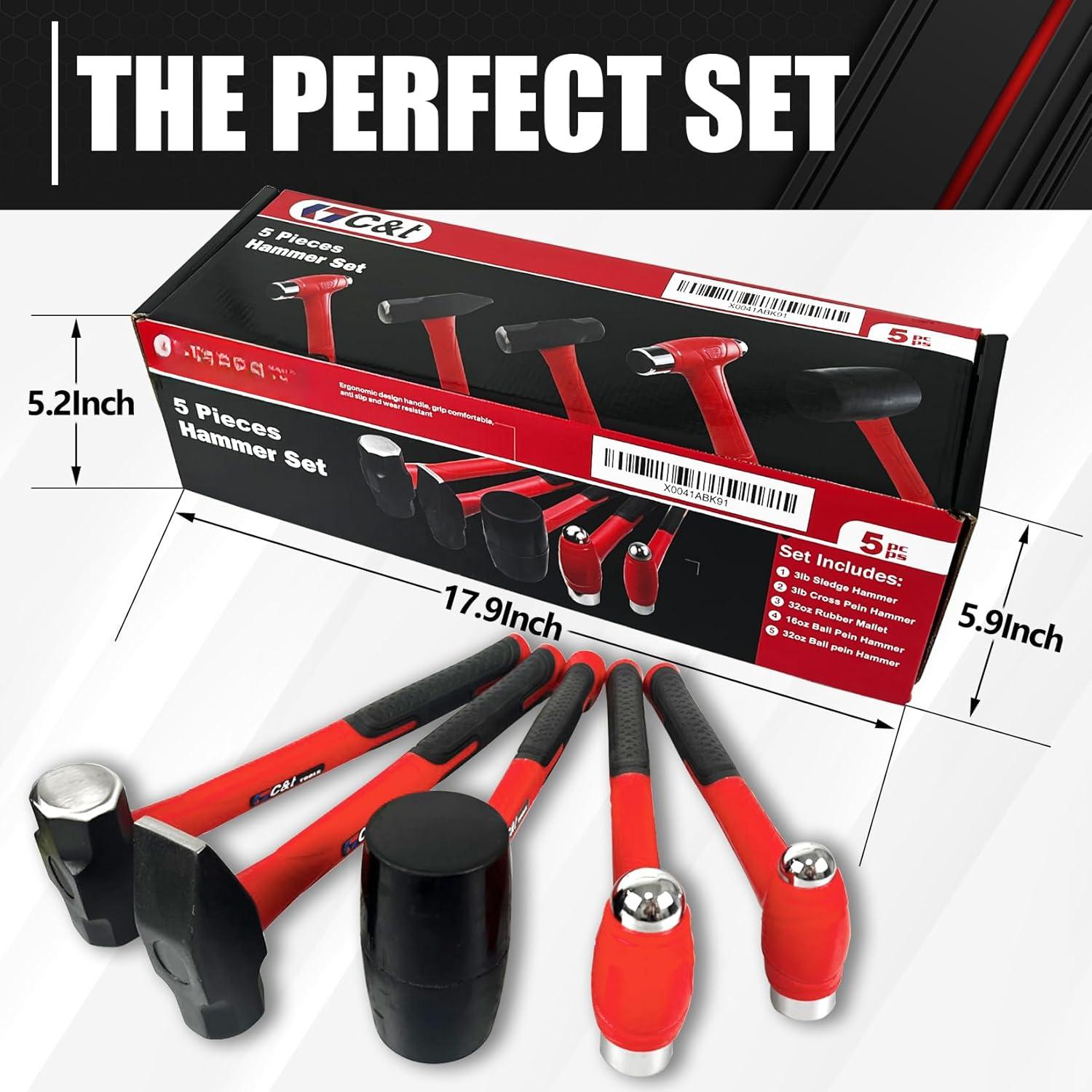5- Hammer Set, 16oz Ball Peen Hammer | 32oz Ball Peen Hammer | 32oz Rubber Mallet | 3lb Sledge Hammer | 3lb Cross Peen, Fiberglass Handle & Mallet Set
