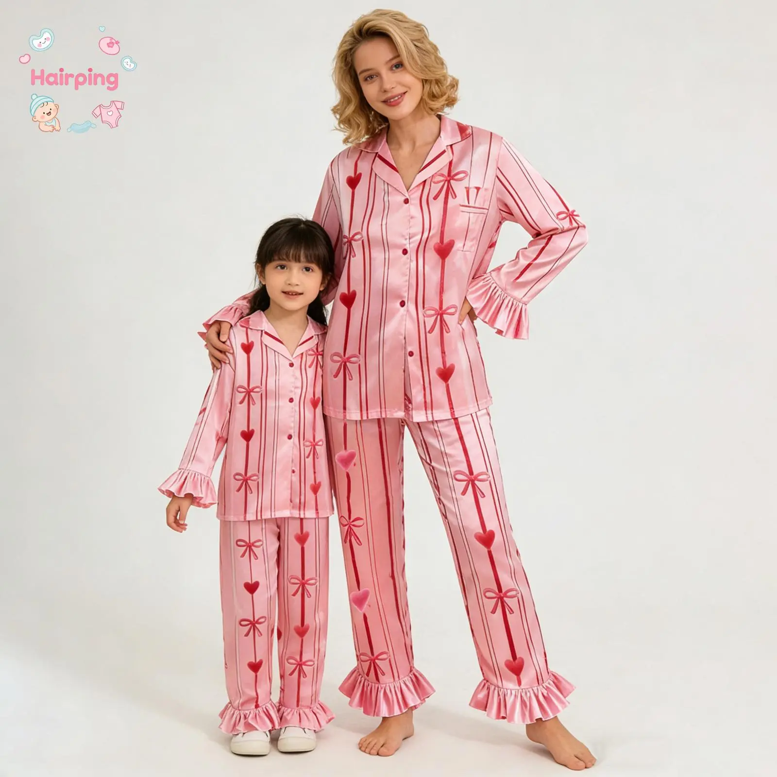 Polyester Lady-Mother Daughter Matching Pajama Set, Longsleeves Ruffled Top & Bow Heart Pants, Baby & Maternity Gift Set Sleepwear Outfit, Matching Set