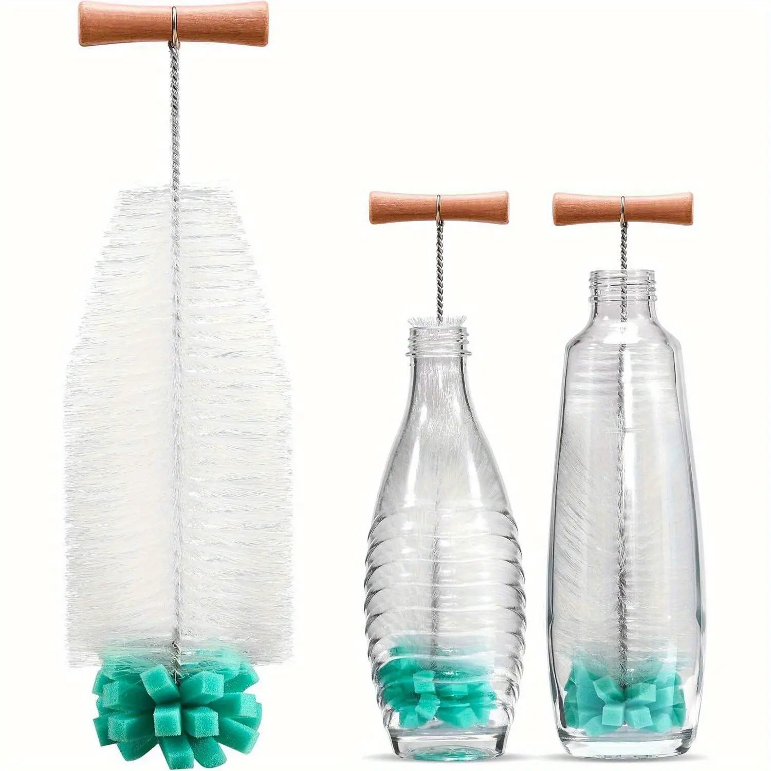 13.78 Inch Ergonomic Handle Cleaning Brush, Soft Bristles, Thick Blue Sponge, Multi-Use Long Handle Tool for Bottles and Walls