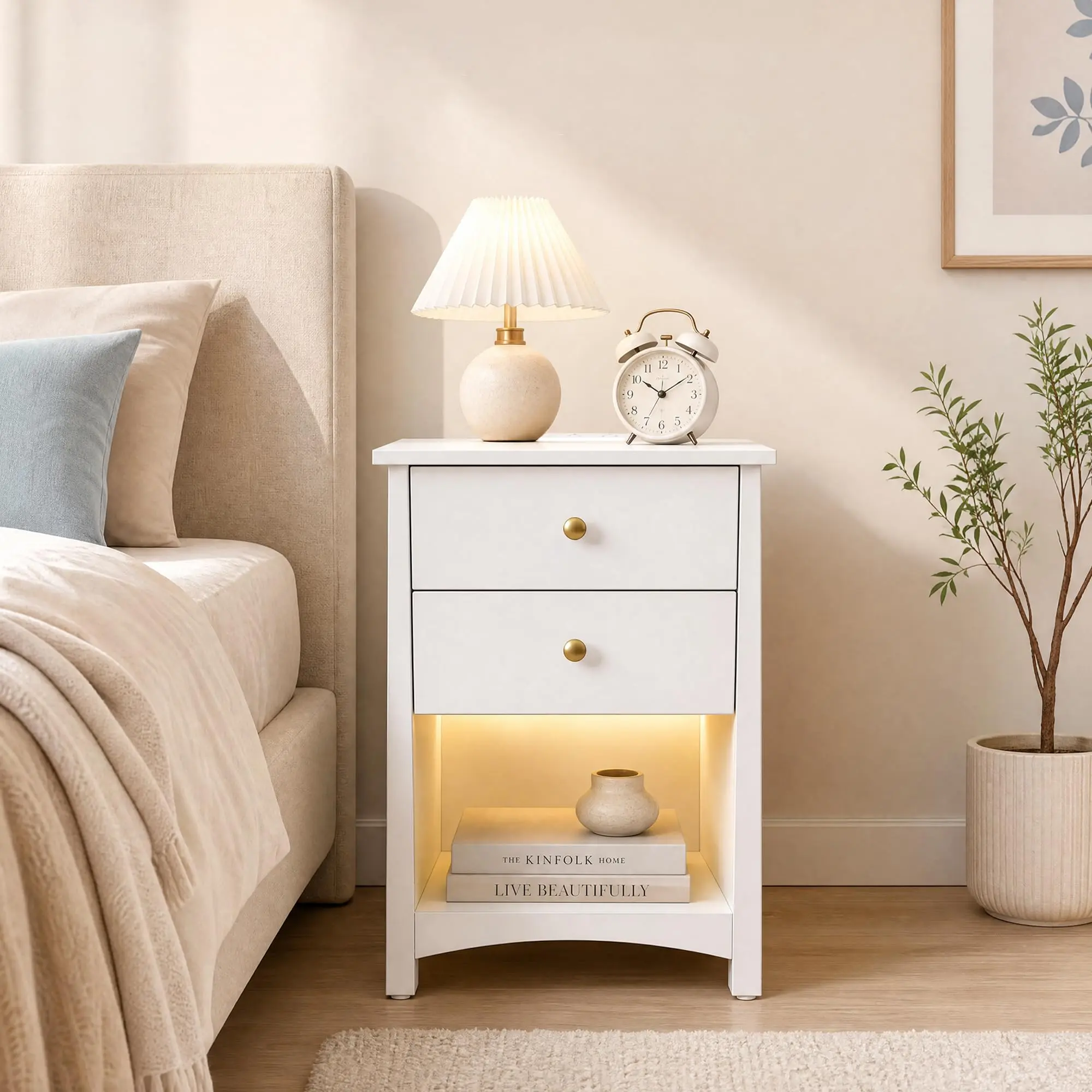 Wooden Rectangular Modern Nightstand - Small Size Single Unit Bedside Table with 2 Drawers, Power Outlets, Storage, Easy Assembly for Bedroom