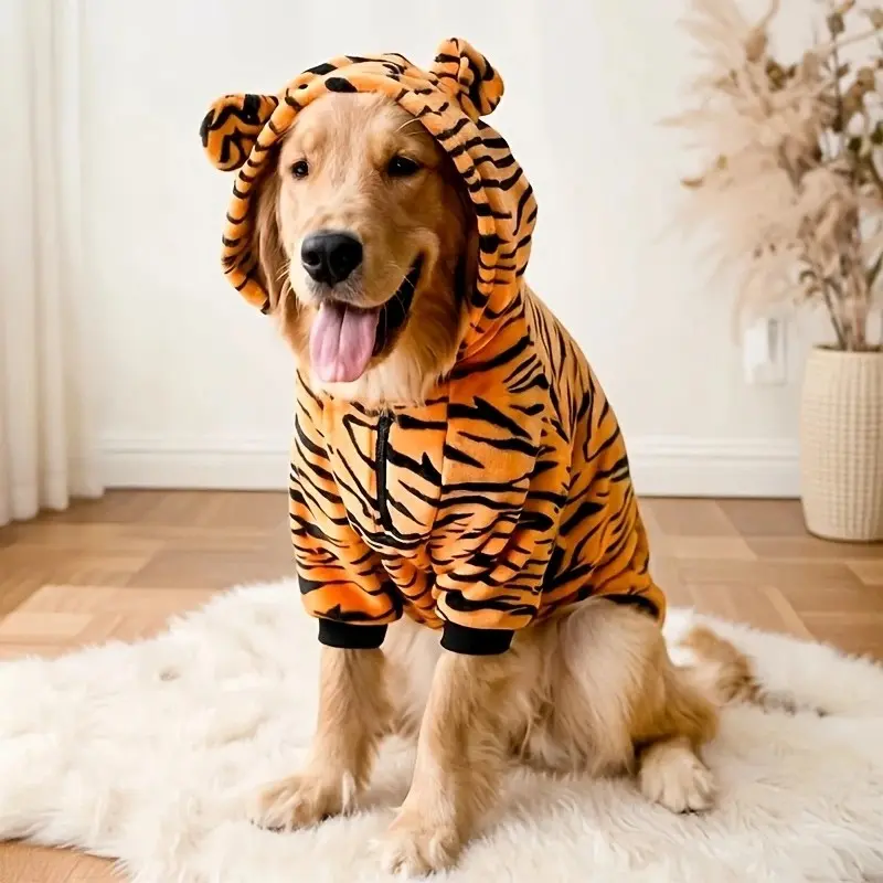 Dog Halloween Costume, Cute Tiger Design, Soft Flannel Windproof Warm, 3D Ears Hat + Elastic Sleeves, Indoor Outdoor Sleepwear for Medium Large Dogs