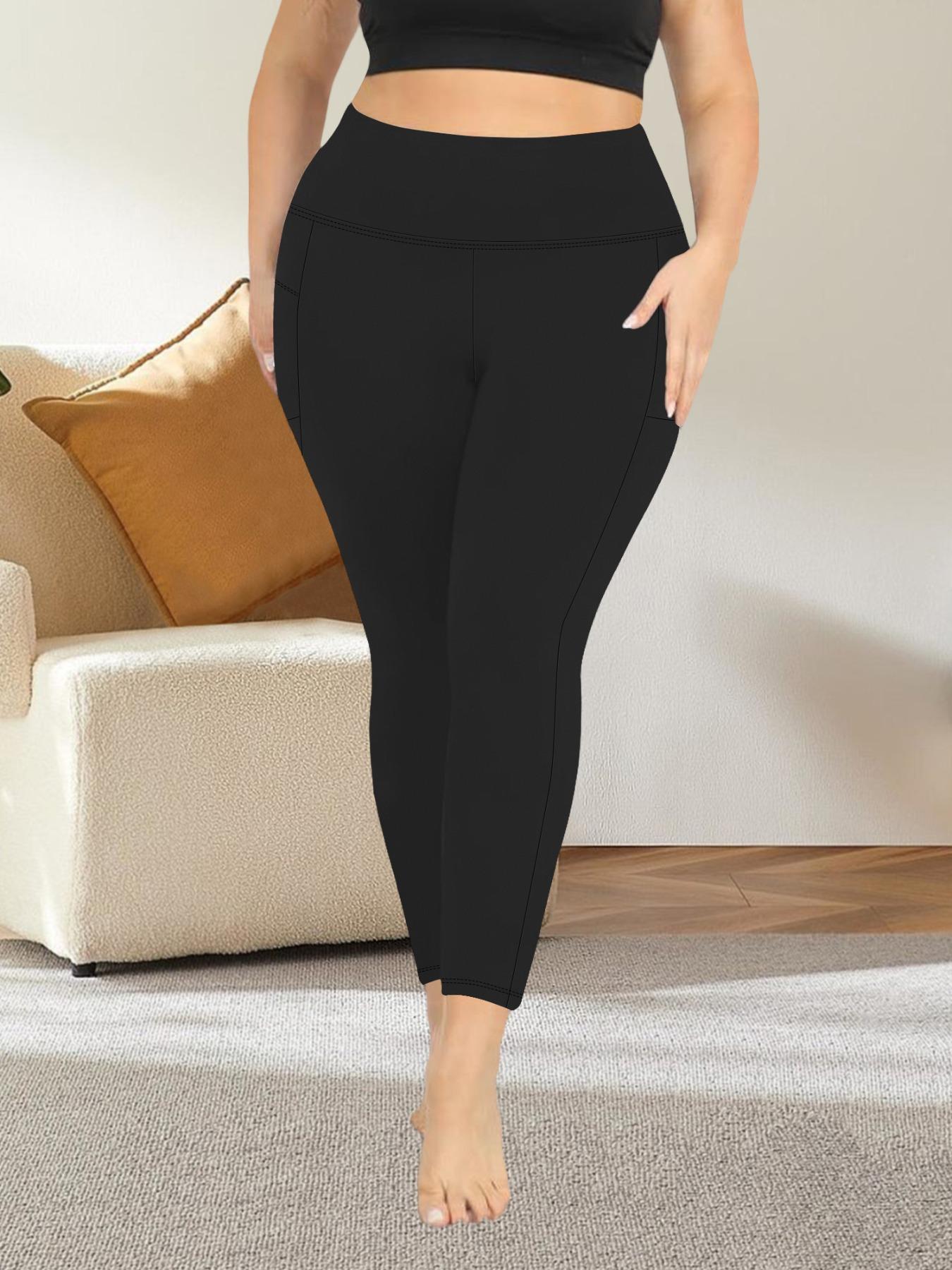 Plus Size Solid Pocket High Waist Leggings, Casual Comfy High Stretch Skinny Pants for Women, Women's Bottoms for All Seasons