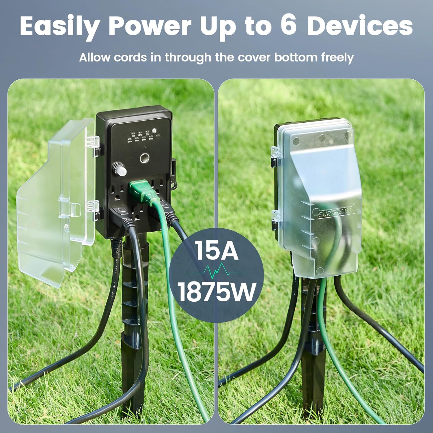 Outdoor Power Stake Timer , 100FT  Remote Control, Photocell  Timer, 6 Grounded Plug Outlets, 6FT Extension Cord, for Halloween Decoration, Lights, Garden