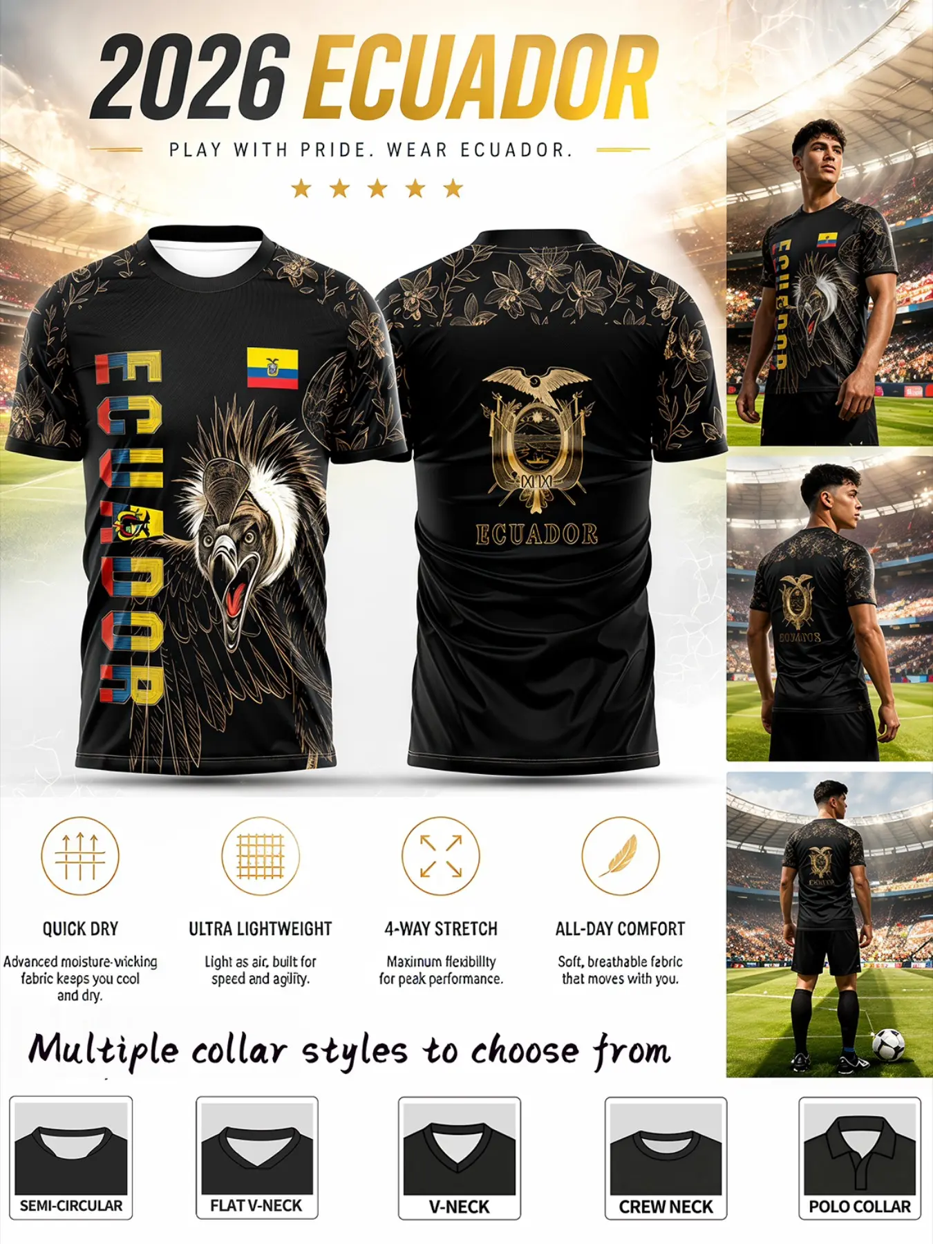 Ecuador National Pride Soccer Jersey, Tropical Floral & Condor Emblem Design, Breathable Sportswear, Short Sleeve T-Shirt, Latin America Street Fashion