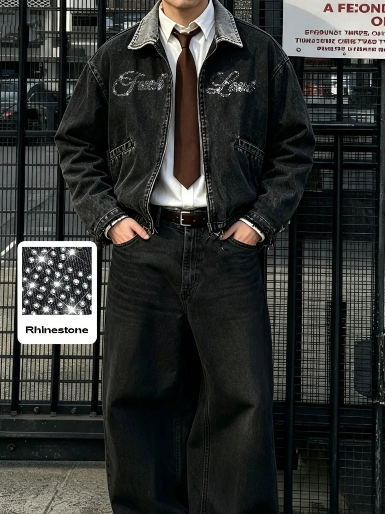 Zipper Denim Jacket, Colorblock Notch Lapel, Chest Rhinestone Letter Decoration, Frayed Sleeve, Loose Drop Shoulder, Men's Retro Jacket