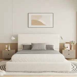 King Queen Cloud Boucle Upholstered Bed Frame, Queen Size Cream Floor Platform Bed, Thickened Wide Bedside & Elegant Headboard, Effortless Assembly, Premium Christmas Gift for Bedroom Upgrade