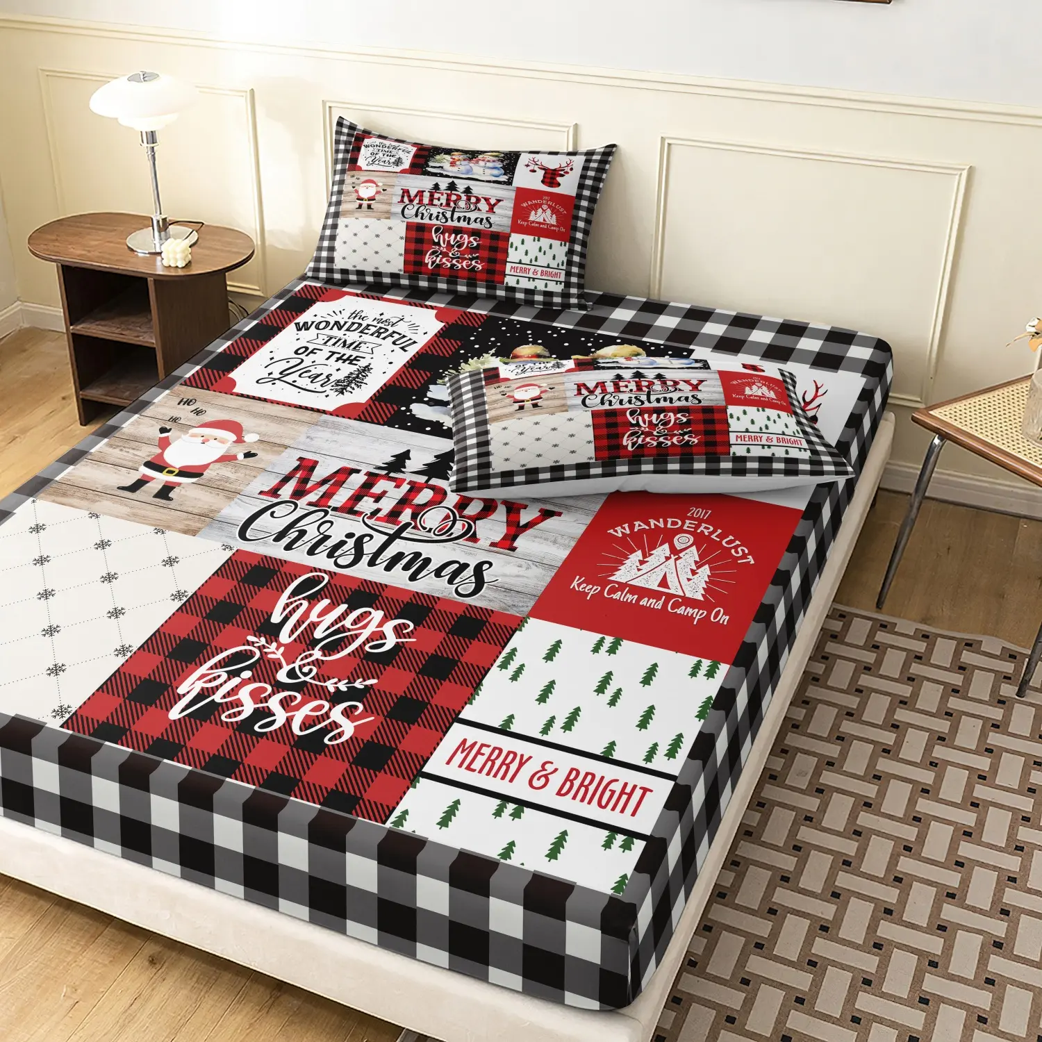  3 Pieces Winter Holiday Christmas Print Fitted Sheet Set, Buffalo Plaid Patchwork Santa Reindeer Snowflake Letter Print Bedding, Farmhouse Xmas Home Textile Bedroom Decor Christmas Gift (1 Fitted Sheet + 2 Pillowcases, No Pillow)