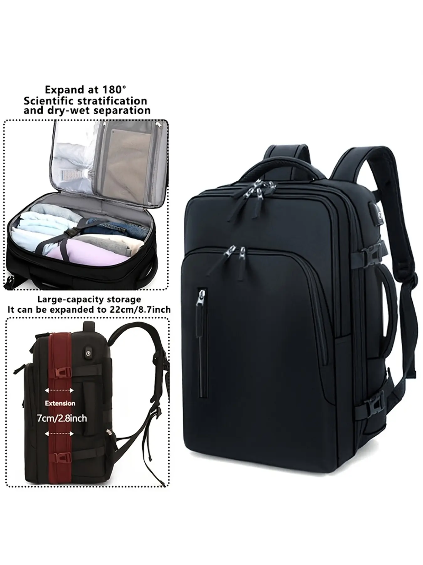 Men's Expandable Travel Backpack 40L, Large Capacity 15.6 Inch Laptop Bag, 180 Degrees Full Open, Breathable Stress Relief, Business Trip Backpack