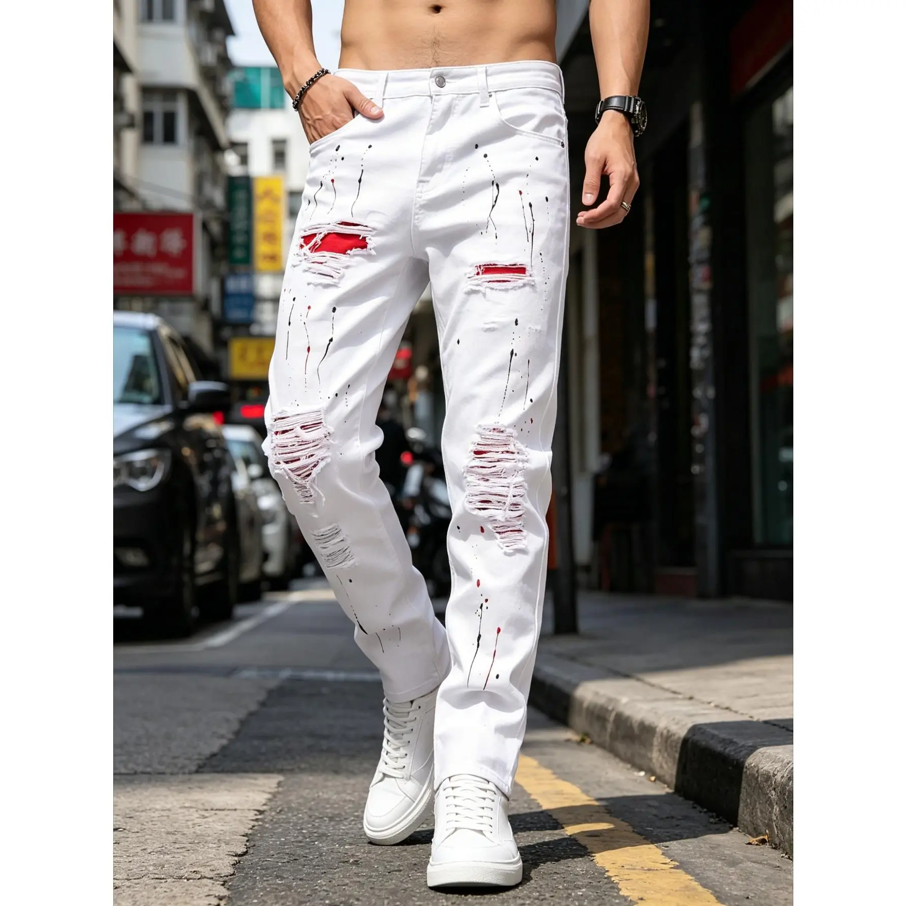 Men's jeans casual white tight casual jeans ripped graffiti hip-hop style daily casual pants