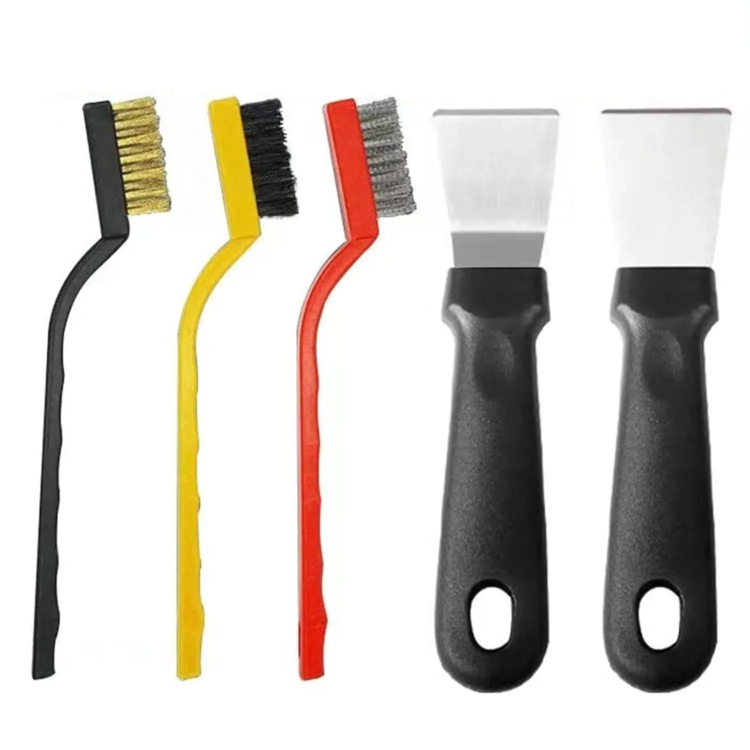 Kitchen & Barbecue 2-Piece Multi-Angle Utensils Set - 2 Scrapers (Straight, Bent Stainless Steel), 3-Count Brushes (Stainless Steel, Brass, Nylon) for Ovens, Stoves, Induction Hobs (Black), Two Scrapers