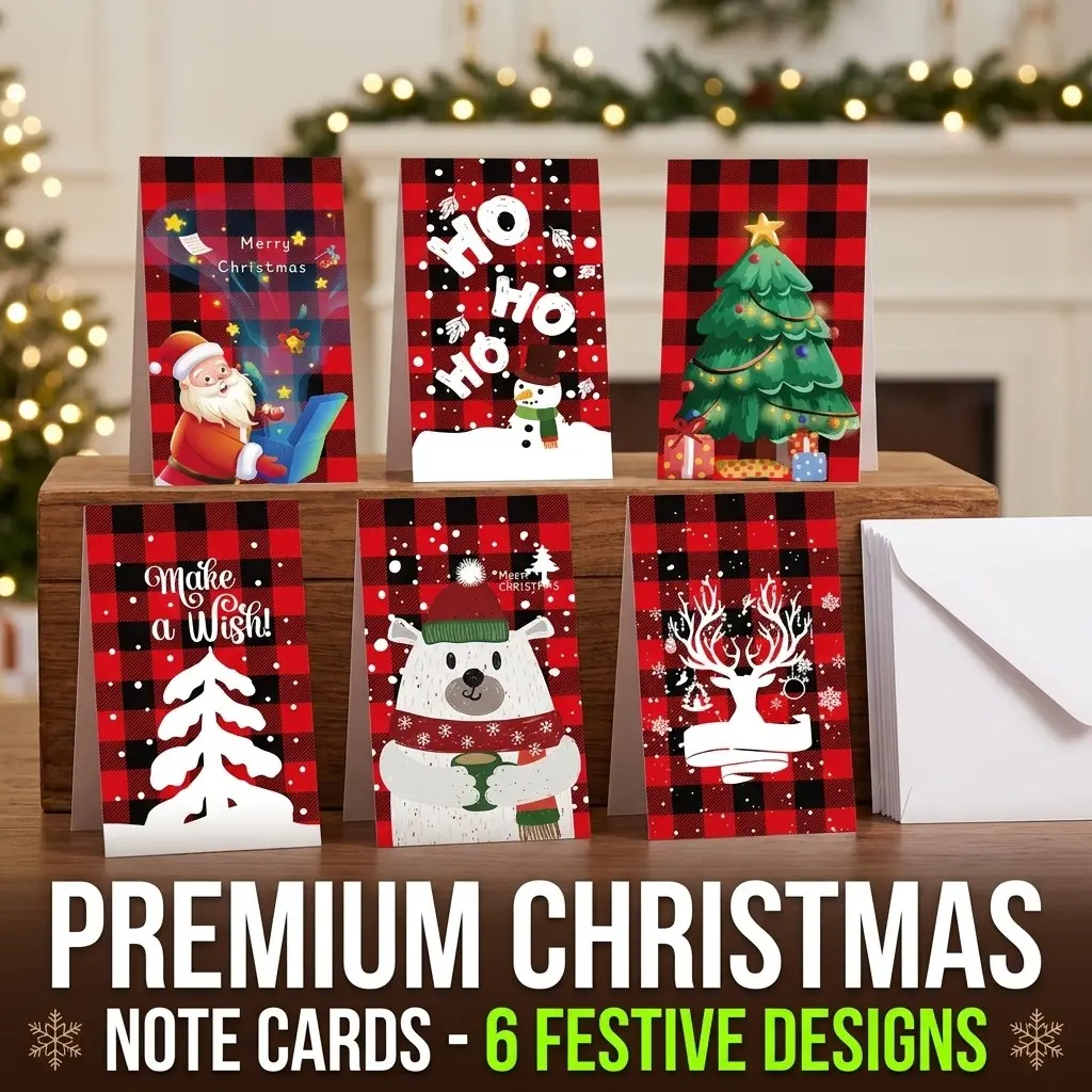 Plaid Christmas Thank You Cards, 6 Designs Including Santa, Snowman, Tree, Personalizable Back, Ideal for Gatherings, Gifts, Business Feedback