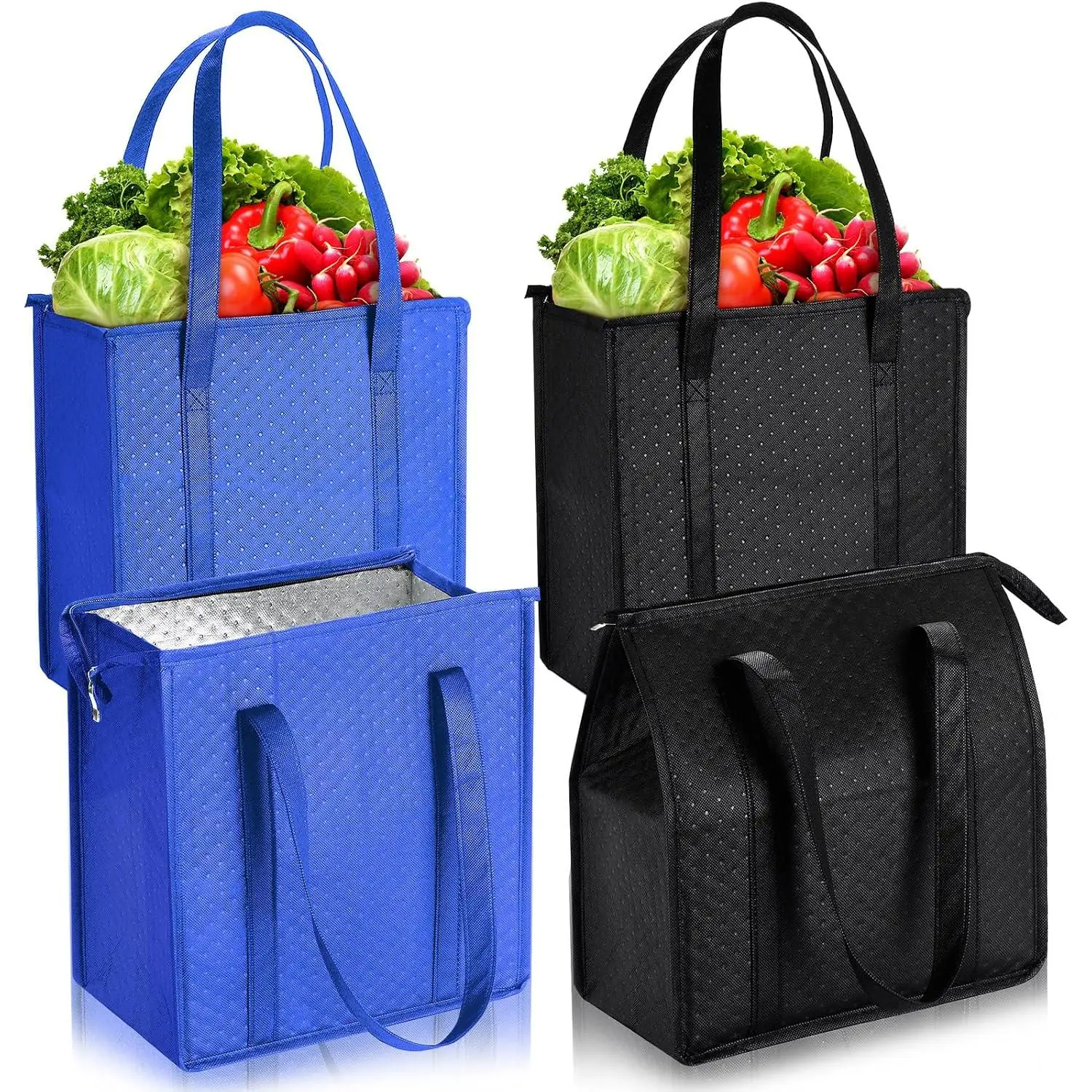 4 count Insulated Grocery Bags Insulated Cooler Tote Bag  Collapsible Cooler  with Zipper Top for Shopping