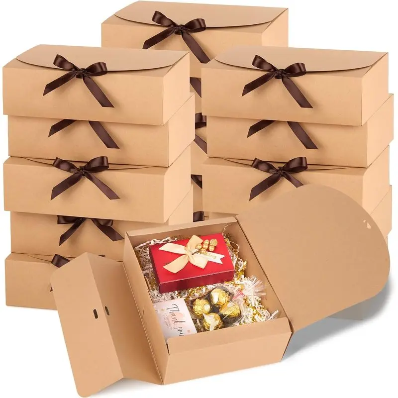 Brown Gift Boxes with Lids, 10.6 x 7.8 x 3.1 Inches, 15 Pack |   With Ribbon, Bridesmaid Groomsman Proposal Boxes, For Wedding, Birthday Present Packaging