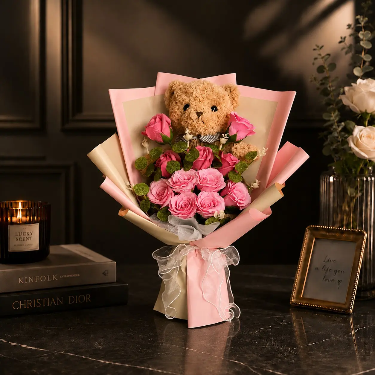 Teddy Bear Bouquet Gift for Her, Romantic Plush Bear with Artificial Pink Roses, Valentine's Day Gift for Girlfriend Wife, Anniversary Birthday Surprise Present