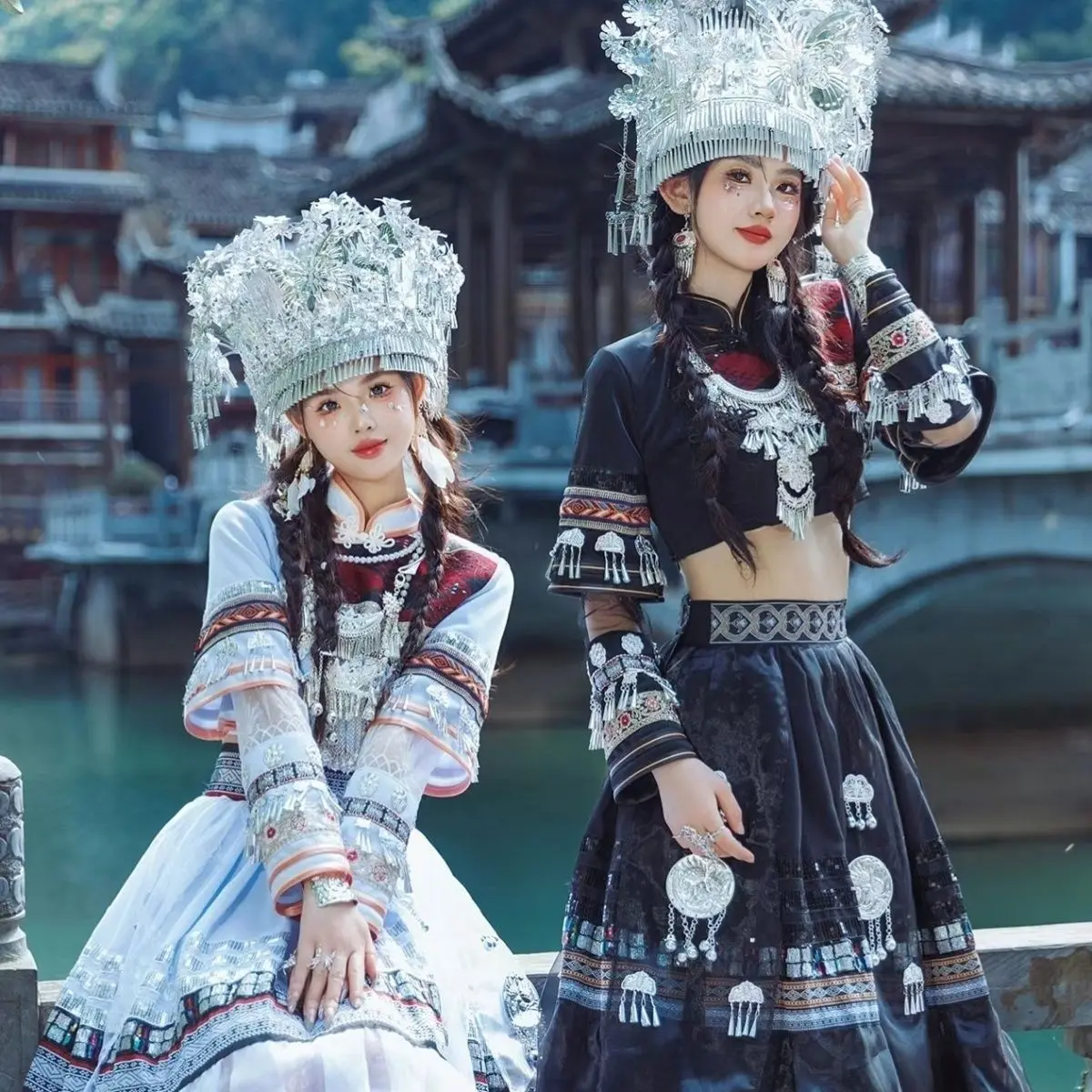 Hmong Miao Best-Friend Styling Set - Black or White Top & Skirt for Photo Shoots