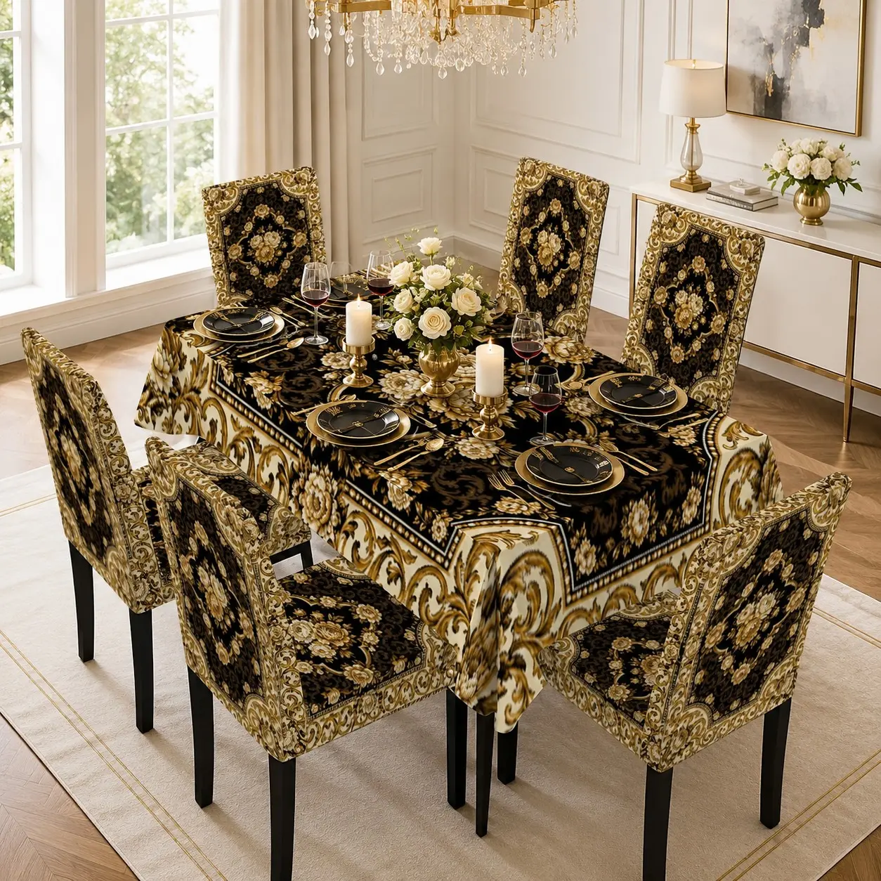 5/7Pcs Tablecloth and Chair Cover Set, Luxury Black Gold Baroque Floral Print Dining Table Cover with Stretch Washable Dining Chair Covers, Elegant European Wedding Banquet Party Home Dining Room Decor