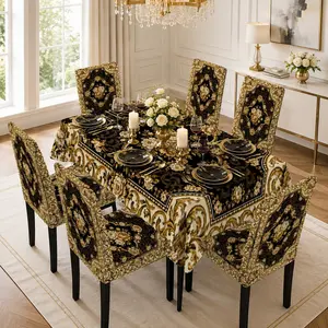 5/7Pcs Tablecloth and Chair Cover Set, Luxury Black Gold Baroque Floral Print Dining Table Cover with Stretch Washable Dining Chair Covers, Elegant European Wedding Banquet Party Home Dining Room Decor