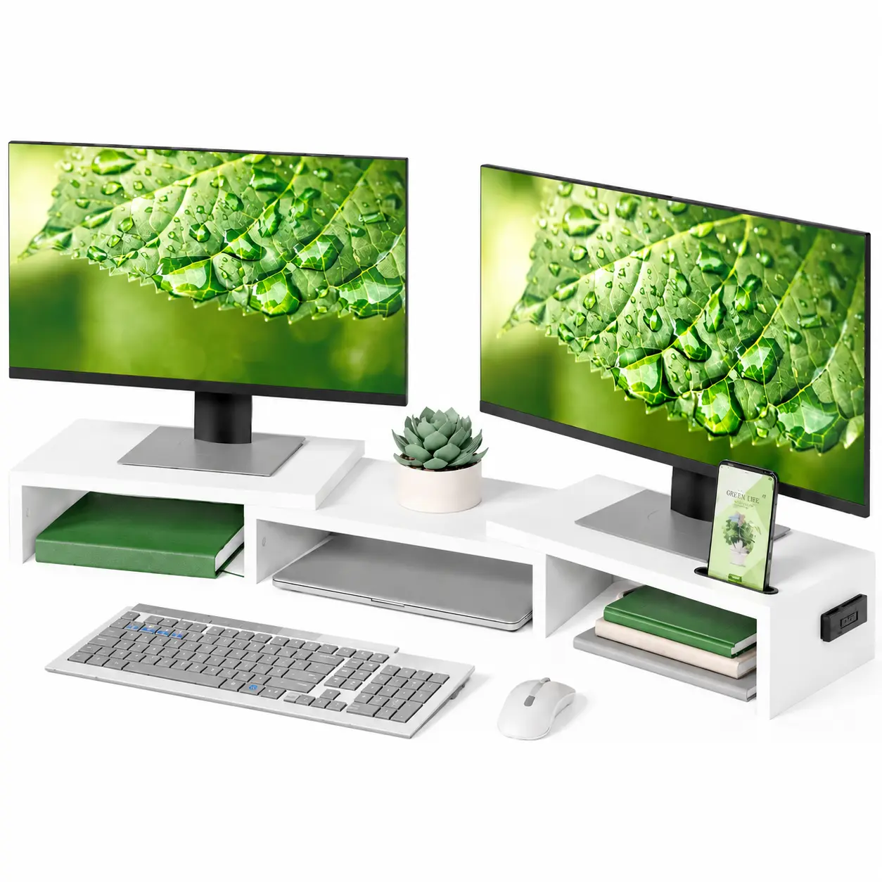 BONTEC Dual Monitor Stand Riser, Adjustable Length & Swivel Angle, Desk Ergonomic Wooden Organizer with Smartphone Holder, Computer Monitor Stand for PC, Laptop,Printer and Large Storage, White