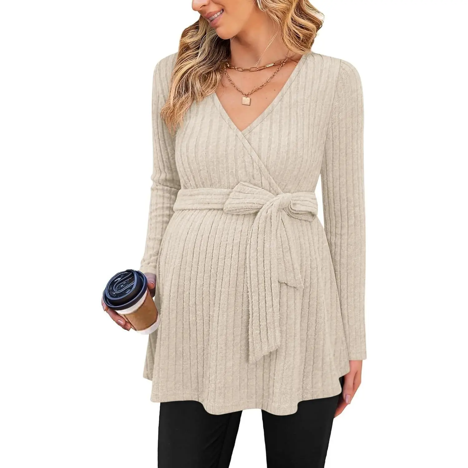 Women's Maternity Apparel - Long Sleeve V-Neck Ribbed Knit Casual Fit Maternity Blouses for Pregnant Women