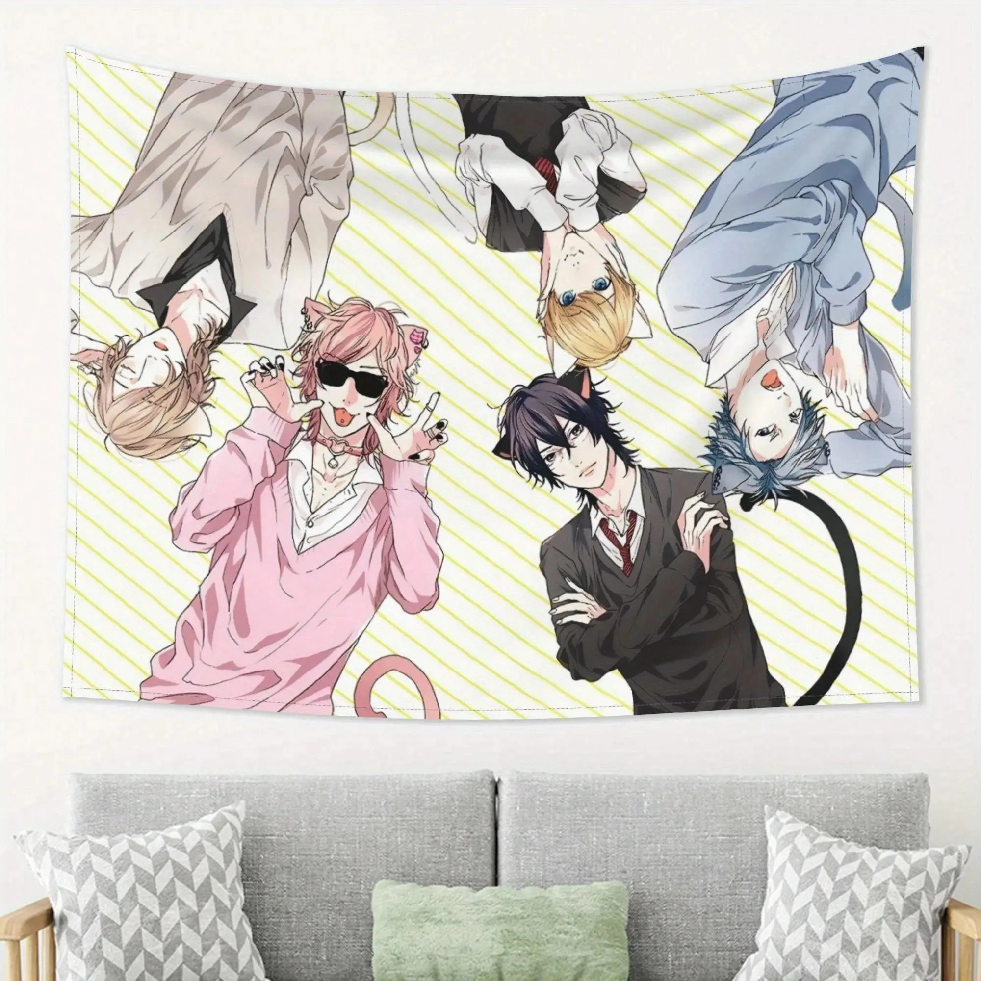 Kawaii Neko Boys Polyester 2D Print Wall Tapestry - Lightweight Hanging Whimsical Room Decor Backdrop, Ideal for BL Anime Fans, Perfect for Dorm Bedrooms, Photo
