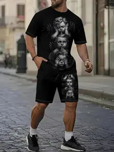 2-piece set with 3D digital print of dark retro angel child sketch portrait, 2Pcs, trendy fashion suit, trendy retro casual two-piece outfit, trendy vacation style wear, breathable sports casual style, an ideal holiday gift for men