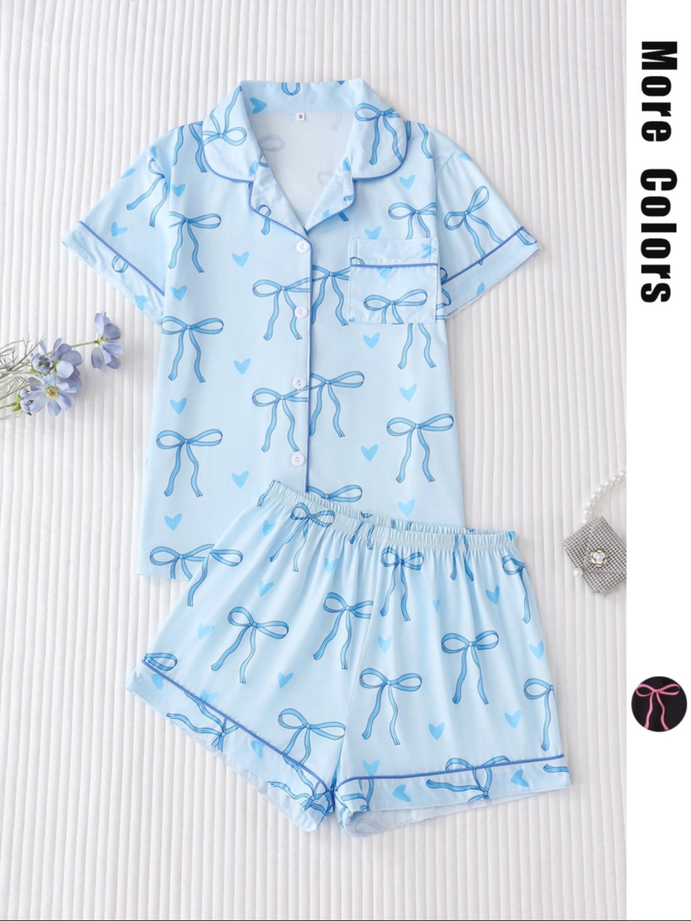 Women's All Over Bow Print Lapel Neck Pocket Shirt & Elastic Waist Shorts Pyjama Two-piece Set, Casual Comfy Short Sleeve Top & Shorts Pj Set, Pajama Sets Women, Ladies Sleepwear for All Seasons, Pajamas, Womenswear, Lounge Wear, Ribbon Pajamas