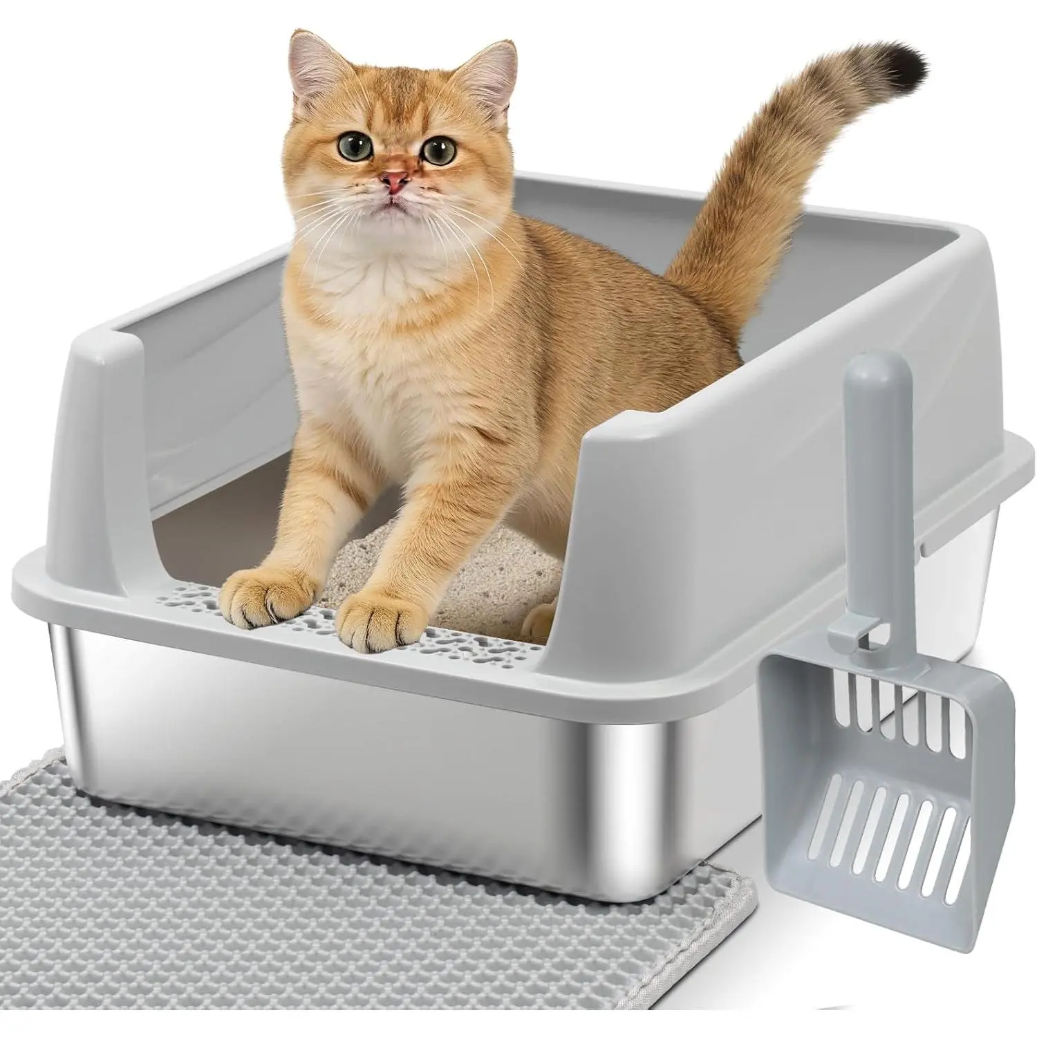 Stainless Steel Litter Box with Lid,Open Top Low Entry Litter Box, Metal Kitty Litter Box for Medium/Small Cats,Odor Control,Anti-Leakage, Non-Sticky, Includes Mat&Scoop,17.5x13.6x8in