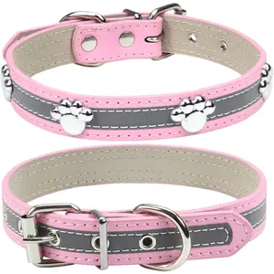 Soft PU Leather Studded Paw Rivet Dog Collar, Reflective Adjustable Cute Pet Collar for Small Medium Large Dogs & Cats