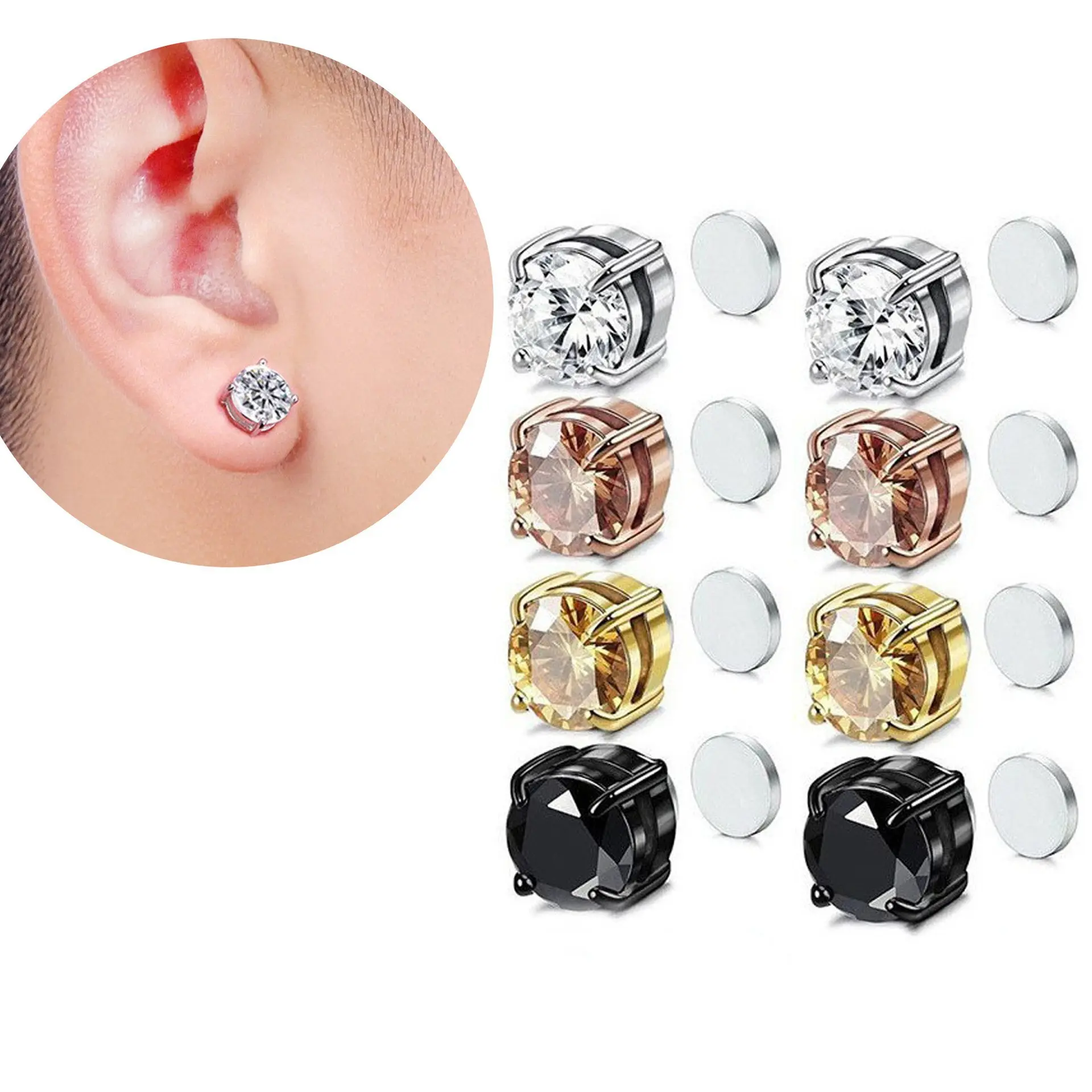 Men's Silver & Black Punk Zircon Magnetic Ear Cuffs, Non-Piercing Comfortable Fake Perforated Ear Clips, Trendy Daily Street Fashion Jewelry