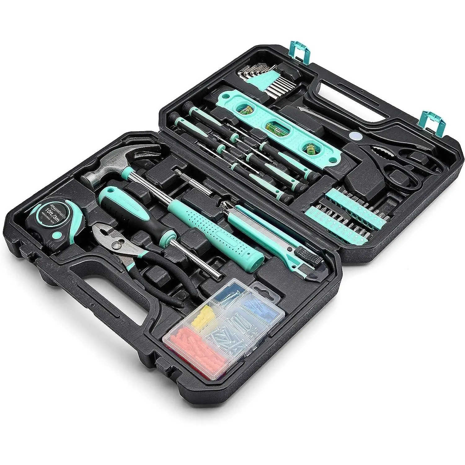 Basics 142-piece household tool set, used for home repairs, comes with a storage box, dimensions are 13.39 x 9.25 x 2.95inch, color is turquoise